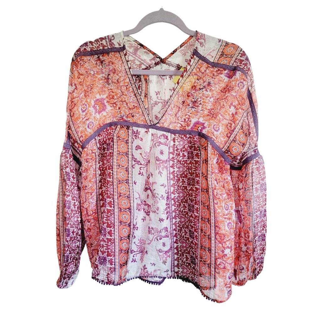 Maeve Anthropologie S Silk Paisley Metallic Stripe Blouse Orange Purple Small‎ - Picture 3 of 15